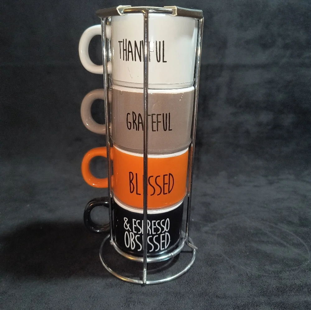 Home Essentials Set of Four Espresso Mugs With Metal Rack NWT - Picture 1 of 5